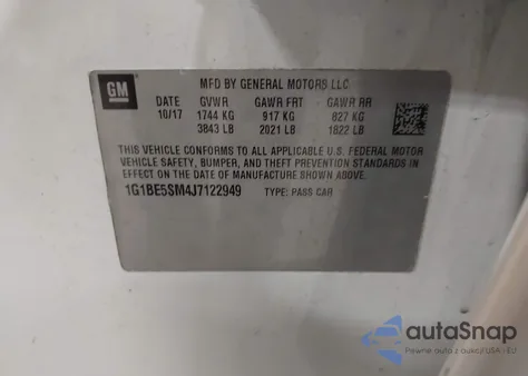 2018 Chevrolet Cruze Lt Auto z USA, uszkodzony, nr VIN 1G1BE5SM4J7122949